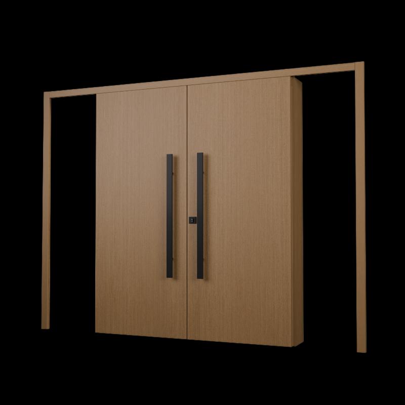 Porta dupla de correr com acabamento cappuccino e com dois puxadores verticais. 