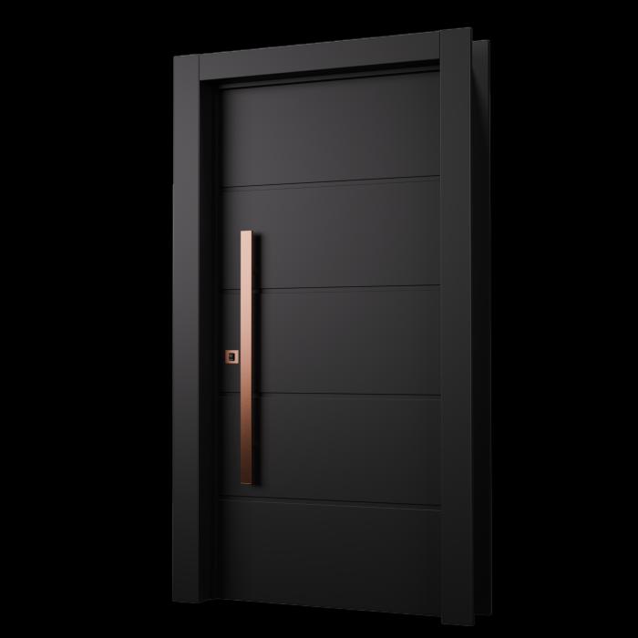 Kit Porta Pivotante Frizatta Preta com acabamento liso e frisos horizontais, com puxador vertical. 