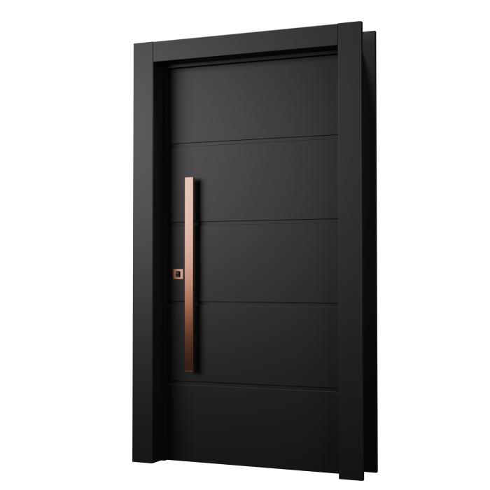 Kit Porta Pivotante Frizatta Preta com acabamento liso e frisos horizontais, com puxador vertical. 