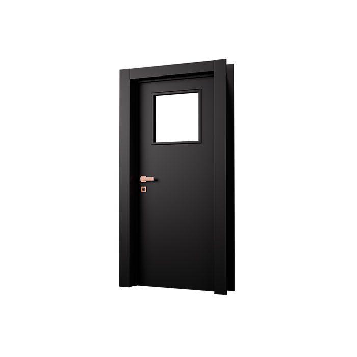 Porta preta com visor de vidro e maçaneta Red Gold 