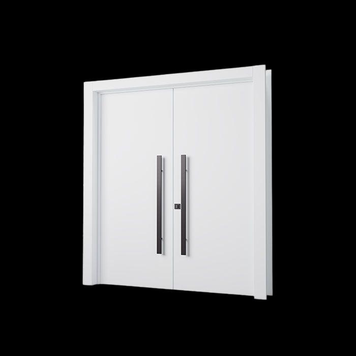 Porta Dupla acabamento liso branco com dois puxadores barra na cor preta.