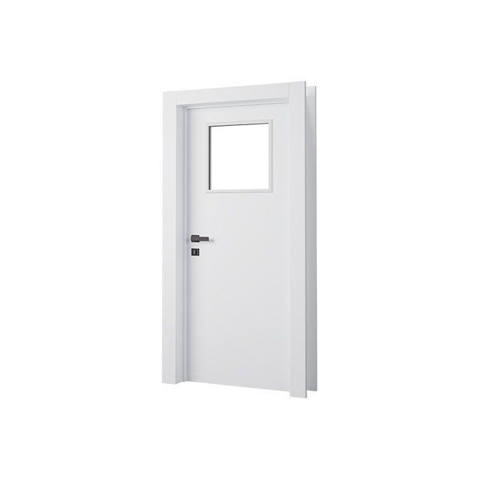 Porta branca com acabamento UV com visor de vidro quadrado, com maçaneta preta. 