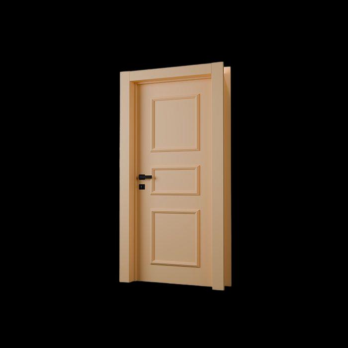 Porta laqueada bege com boiserie da Linha Prisma, em estilo clássico, com maçaneta preta