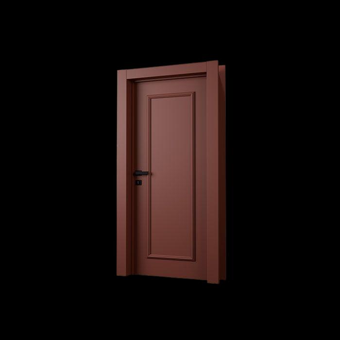 Porta laqueada marrom com boiserie com maçaneta preta. 