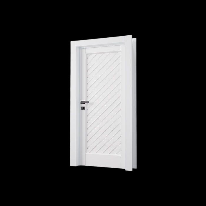 Porta branca de PVC Wood com detalhes e maçaneta preta