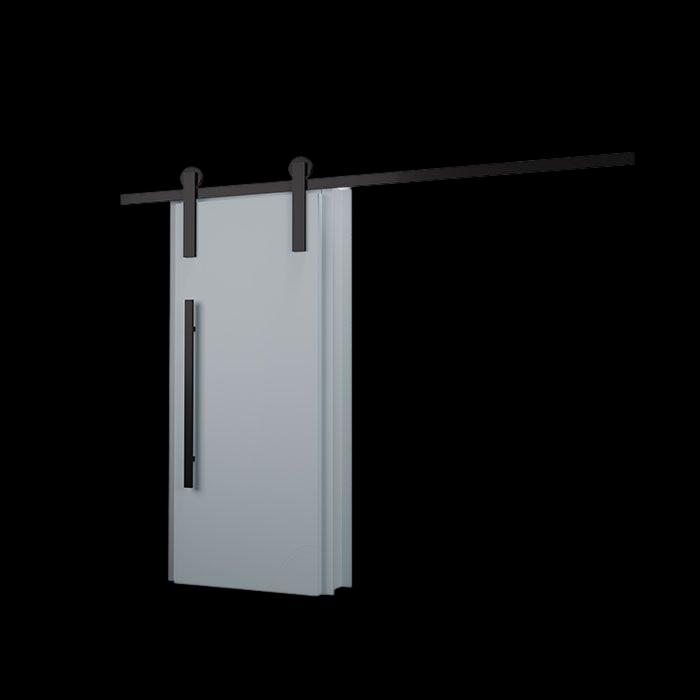 Porta de correr cinza com roldana aparente preta e puxador vertical, em fundo branco.