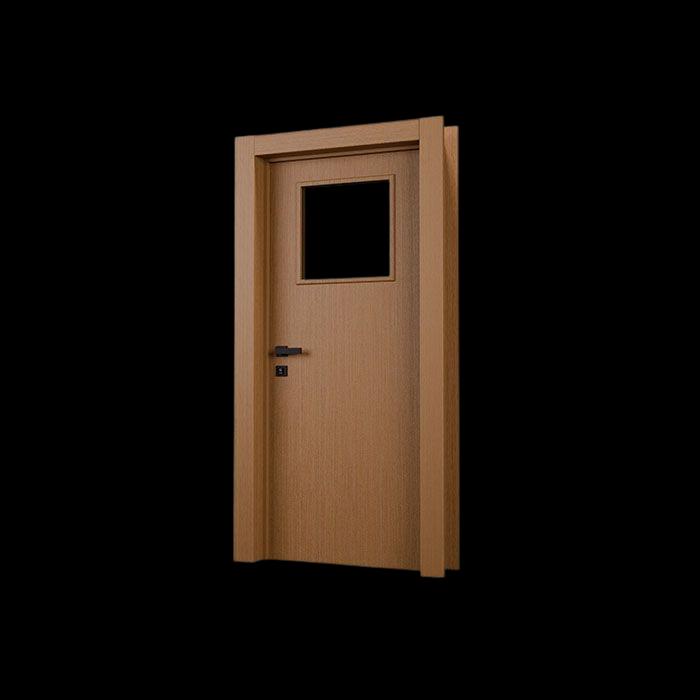 Porta com acabamento cappuccino, visor de vidro e maçaneta preta. 