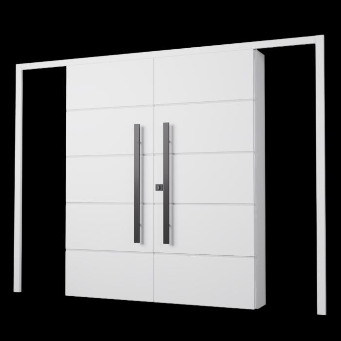 Porta dupla de correr Frizatta branca com frisos horizontais e puxadores verticais preto.