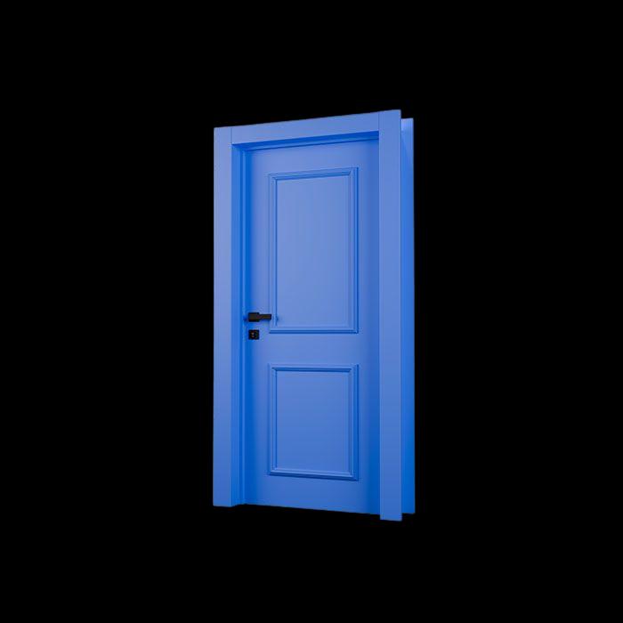 Porta laqueada azul com boiserie da Linha Prisma, acabamento fosco e maçaneta preta. 