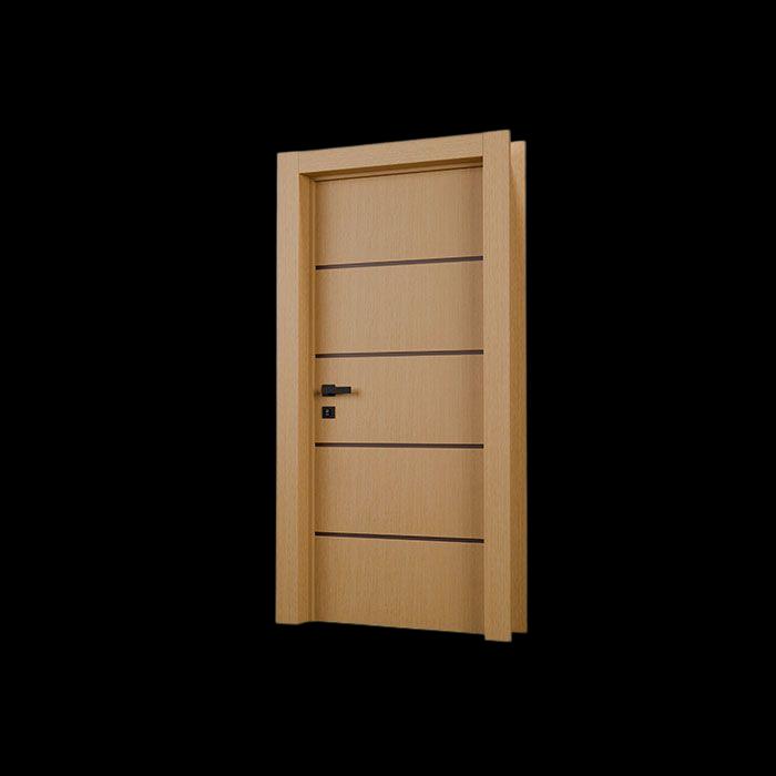 Porta Frizatta com acabamento Freijó, com 4 frisos horizontais e maçaneta preta.