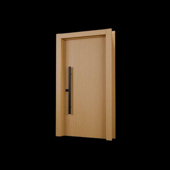 Porta pivotante com acabamento Freijó com puxador preto vertical