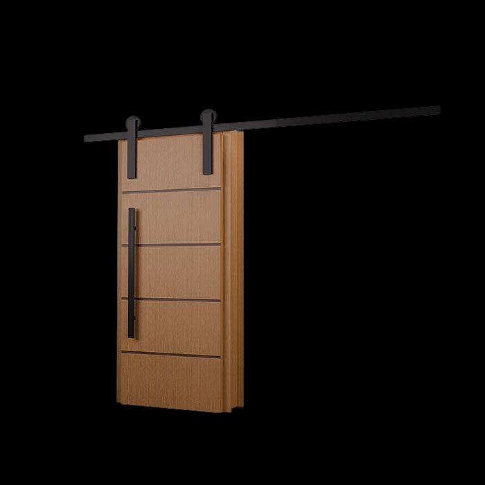 Porta de correr cappuccino frizatta com roldana, frisos horizontais e puxador vertical.