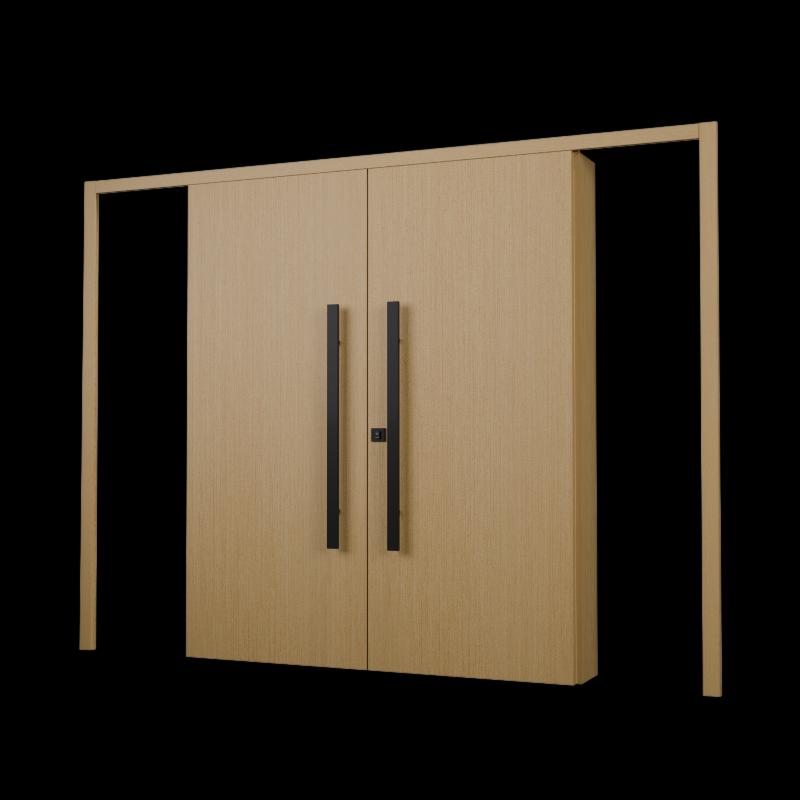 Porta dupla de correr com acabamento Freijó com dois puxadores verticais.