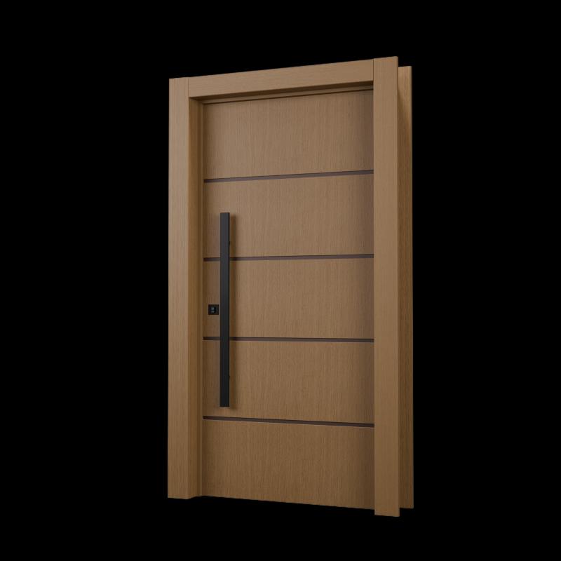 Kit Porta Pivotante Frizatta Cappuccino coma acabamento liso e frisos horizontais, com puxador.