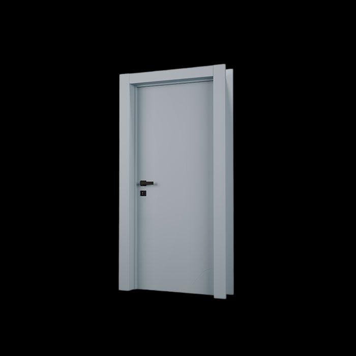 Porta cinza com acabamento moderno e maçaneta na cor preta.