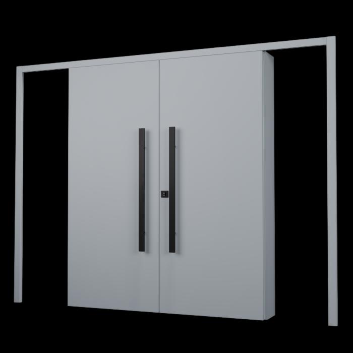 Porta de correr com acabamento cinza com dois puxadores verticais.