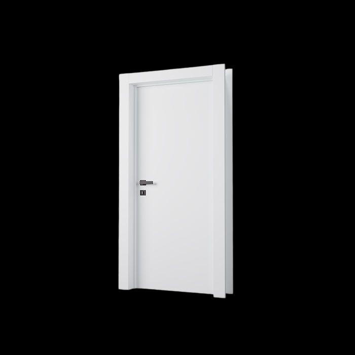 Porta branca lisa Pormade com acabamento minimalista e maçaneta preta.
