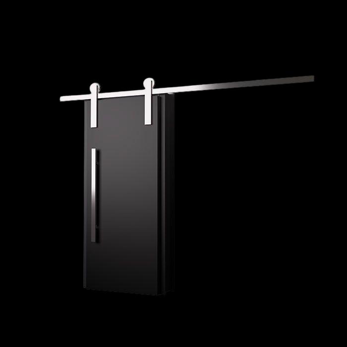 Porta de correr preta com roldana aparente e puxador vertical, em fundo branco.