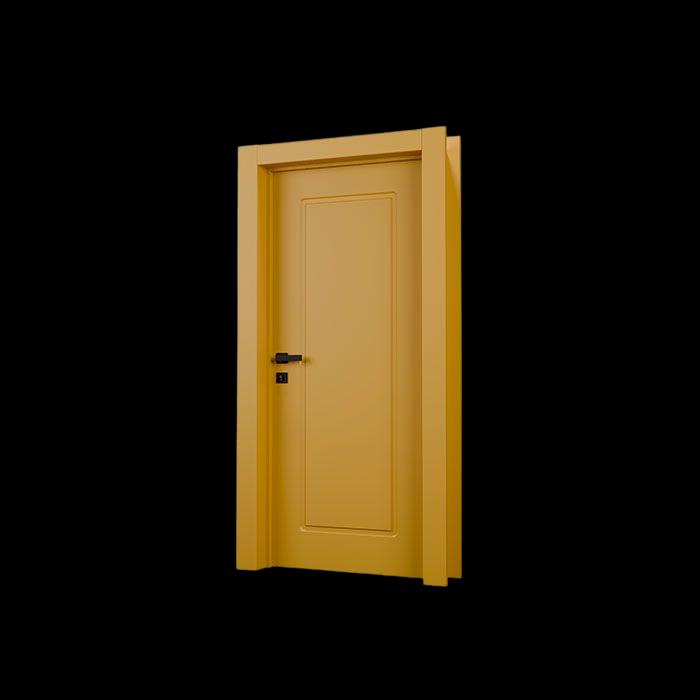 Porta laqueada amarelo mostarda com frisos e maçaneta preta.