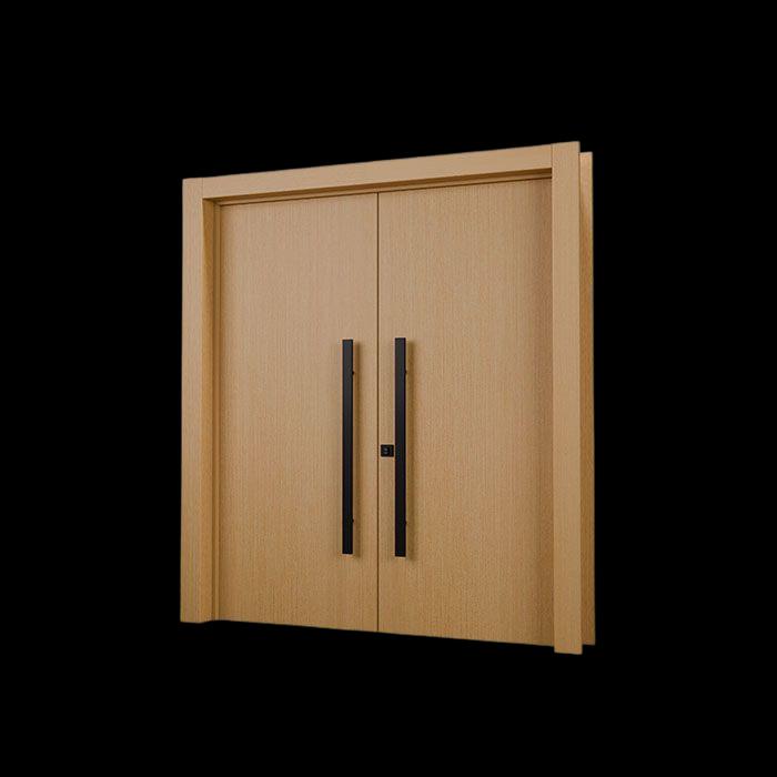 Porta Dupla no acabamento Freijó com dois puxadores barra na cor preta.